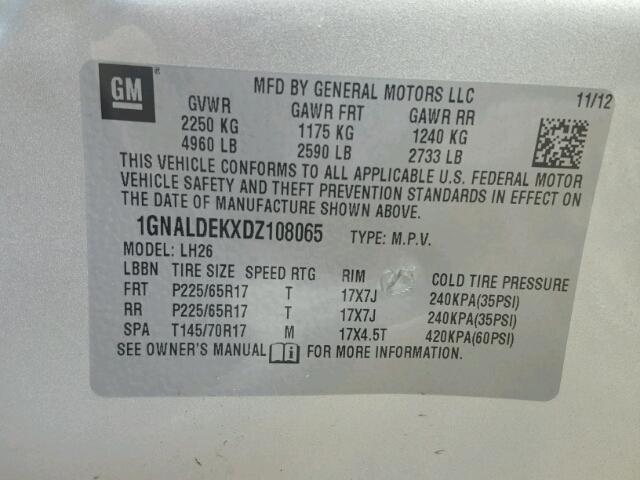 1GNALDEKXDZ108065 - 2013 CHEVROLET EQUINOX LT SILVER photo 10