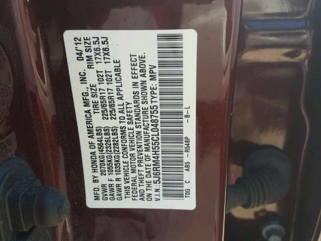 5J6RM4H55CL048755 - 2012 HONDA CR-V EX მუქწითელი ფოტო 10