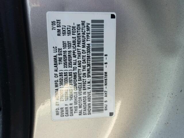 5FNRL38725B130064 - 2005 HONDA ODYSSEY EX SILVER photo 10