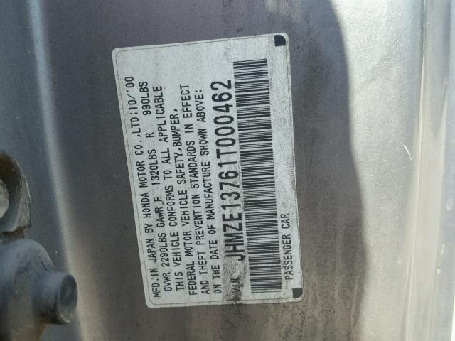 JHMZE13761T000462 - 2001 HONDA INSIGHT SILVER photo 10