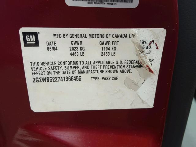 2G2WS522741366455 - 2004 PONTIAC GRAND PRIX MAROON photo 10