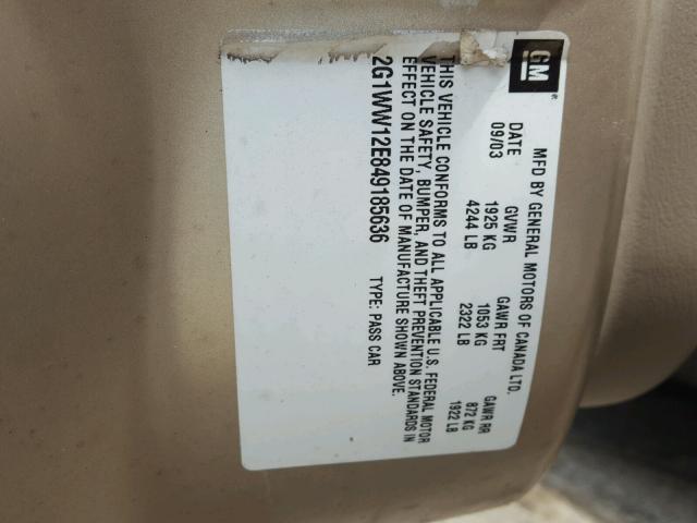 2G1WW12E849185636 - 2004 CHEVROLET MONTE CARL თაფლისფერი ფოტო 10