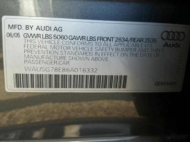 WAUSG78E86A016332 - 2006 AUDI A4 S-LINE GRAY photo 10