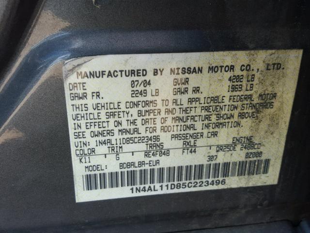 1N4AL11D85C223496 - 2005 NISSAN ALTIMA S GRAY photo 10