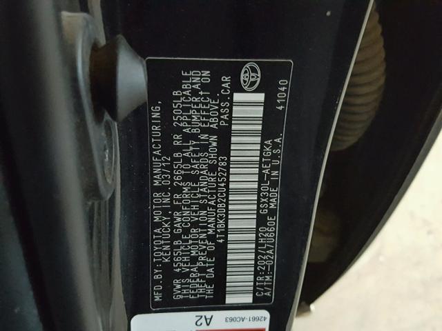 4T1BK3DB2CU452783 - 2012 TOYOTA AVALON BAS Schwarz Foto 10