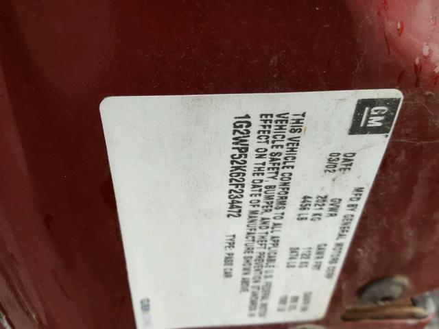 1G2WP52K62F234472 - 2002 PONTIAC GRAND PRIX RED photo 10