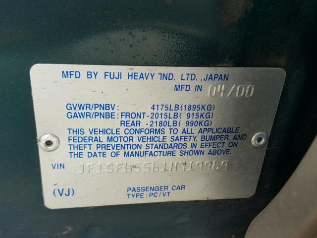 JF1SF65561H719969 - 2001 SUBARU FORESTER S Yaşıl foto 10