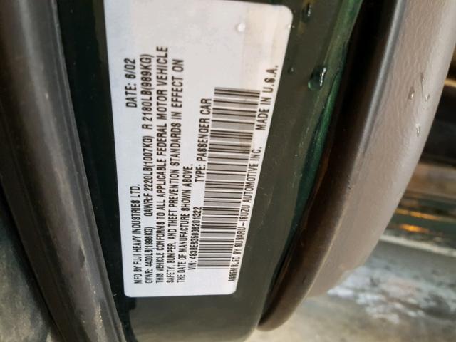 4S3BE635936201322 - 2003 SUBARU LEGACY L GREEN photo 10