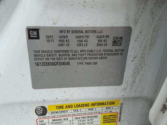 1G1ZC5E00CF204540 - 2012 CHEVROLET MALIBU 1LT WHITE photo 10