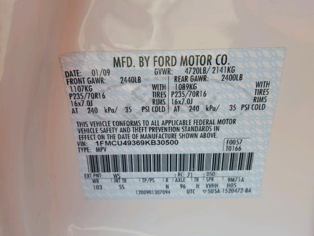 1FMCU49369KB30500 - 2009 FORD ESCAPE HYB WHITE photo 10