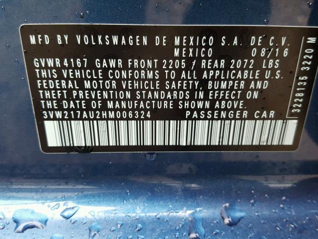 3VW217AU2HM006324 - 2017 VOLKSWAGEN GOLF BLUE photo 10