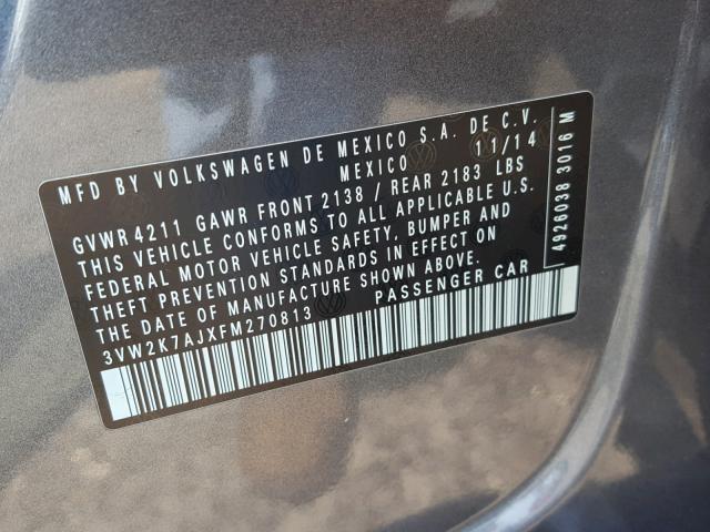 3VW2K7AJXFM270813 - 2015 VOLKSWAGEN JETTA BASE 银色 照片 10