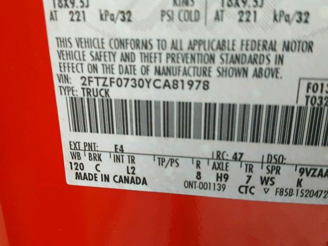 2FTZF0730YCA81978 - 2000 FORD F150 RED photo 10