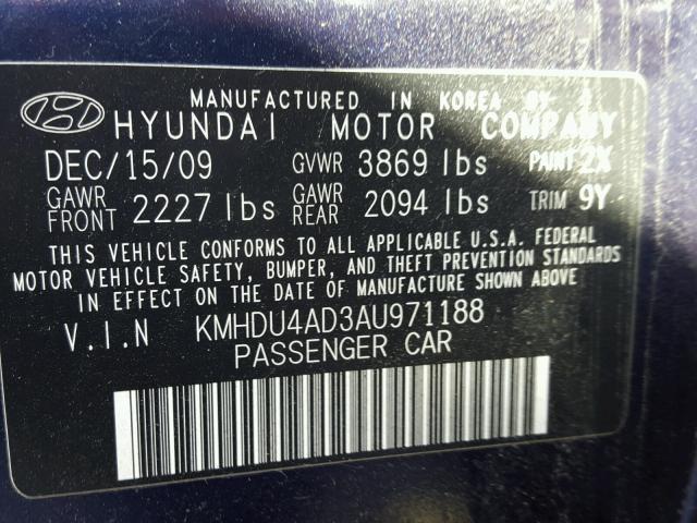 KMHDU4AD3AU971188 - 2010 HYUNDAI ELANTRA BLACK photo 10