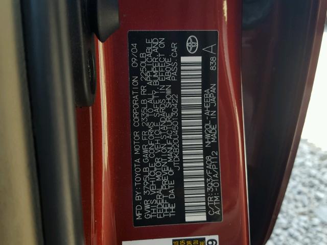 JTDKB20U450130422 - 2005 TOYOTA PRIUS RED photo 10