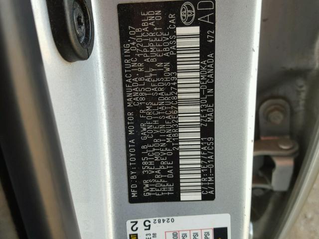 2T1BR32E67C827493 - 2007 TOYOTA COROLLA SILVER photo 10