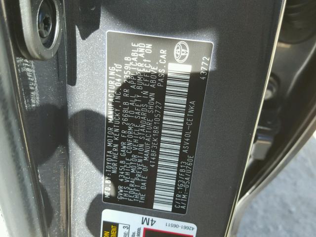 4T4BF3EK1BR105727 - 2011 TOYOTA CAMRY BASE CHARCOAL photo 10