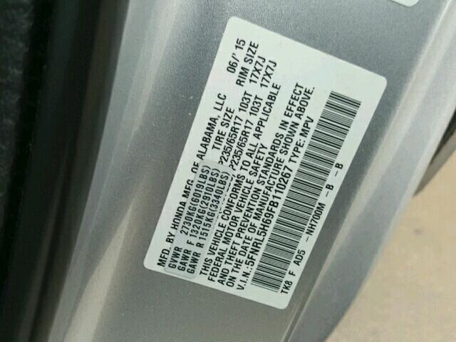 5FNRL5H69FB110267 - 2015 HONDA ODYSSEY EX SILVER photo 10