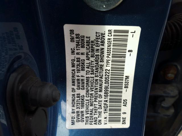 1HGFA16899L005222 - 2009 HONDA CIVIC EX BLUE photo 10