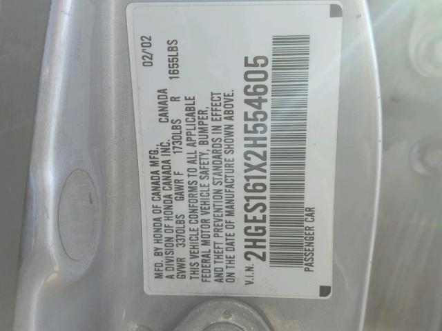 2HGES161X2H554605 - 2002 HONDA CIVIC DX GRAY photo 10