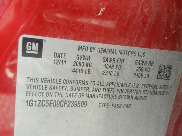 1G1ZC5E09CF239609 - 2012 CHEVROLET MALIBU 1LT წითელი ფოტო 10