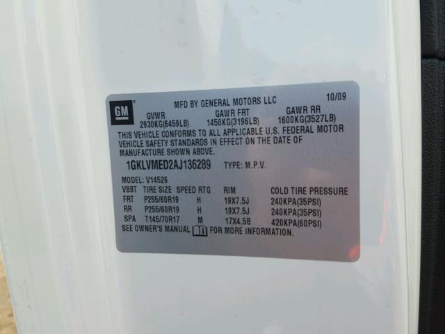 1GKLVMED2AJ136289 - 2010 GMC ACADIA SLT 白色 照片 10