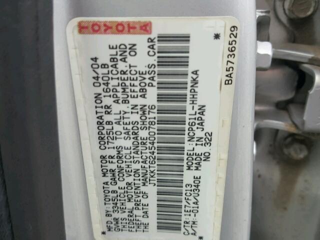 JTKKT624540078176 - 2004 TOYOTA SCION XA ვერცხლისფერი ფოტო 10