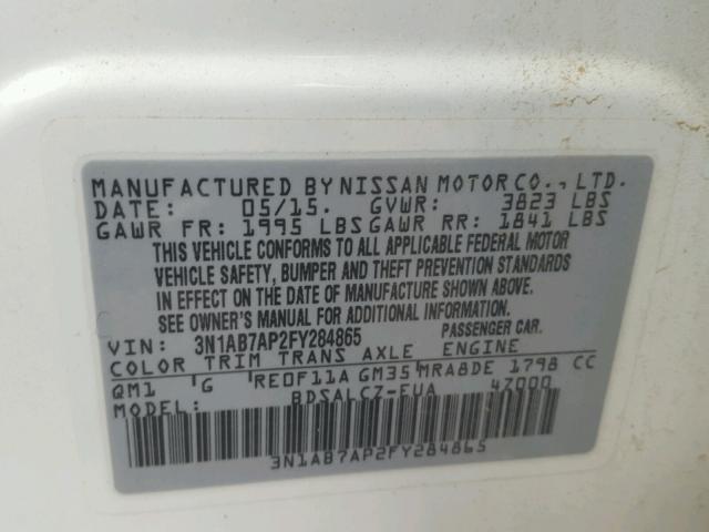 3N1AB7AP2FY284865 - 2015 NISSAN SENTRA WHITE photo 10