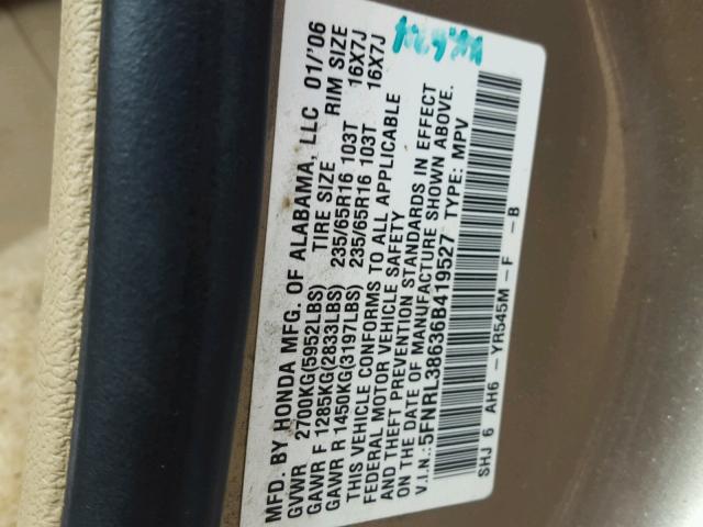 5FNRL38636B419527 - 2006 HONDA ODYSSEY GOLD photo 10