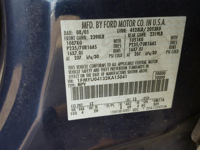 1FMYU04132KA15041 - 2002 FORD ESCAPE BLUE photo 10