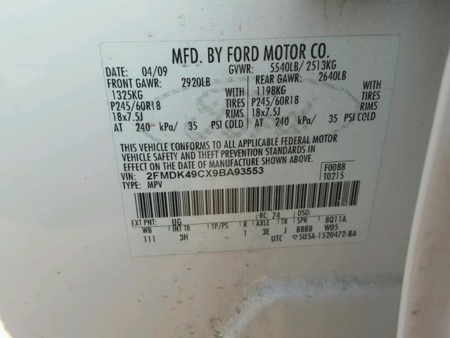 2FMDK49CX9BA93553 - 2009 FORD EDGE LIMIT WHITE photo 10