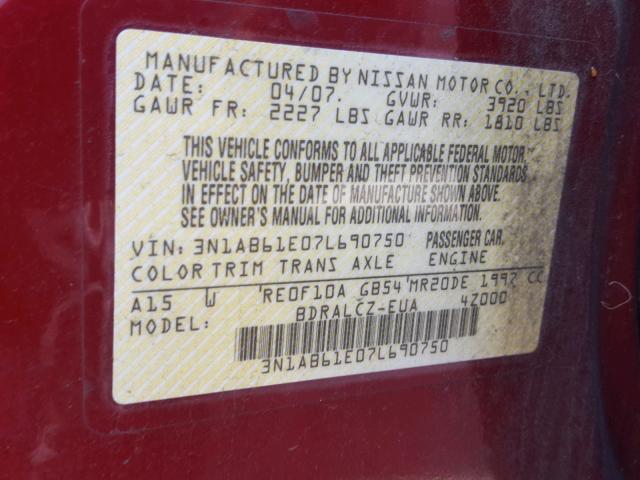 3N1AB61E07L690750 - 2007 NISSAN SENTRA 2.0 BURGUNDY photo 10