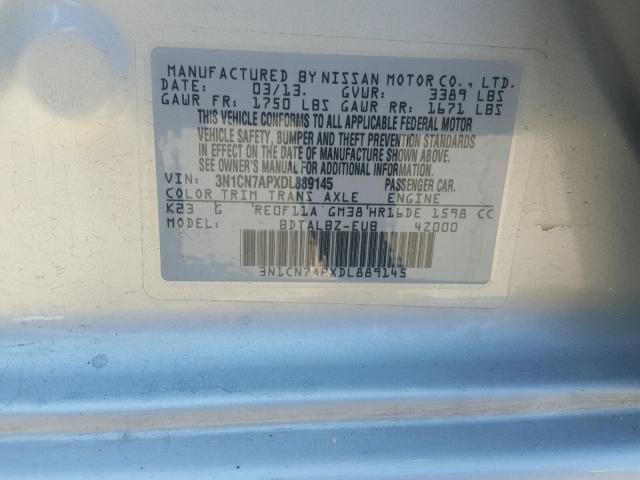 3N1CN7APXDL889145 - 2013 NISSAN VERSA S SILVER photo 10