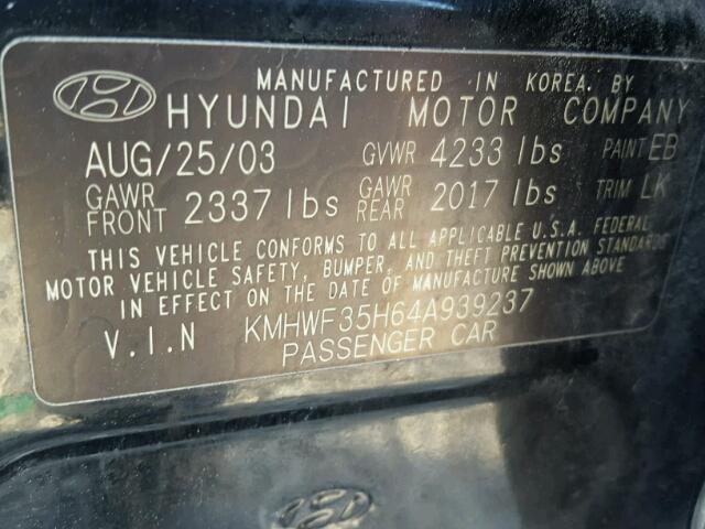 KMHWF35H64A939237 - 2004 HYUNDAI SONATA BLACK photo 10