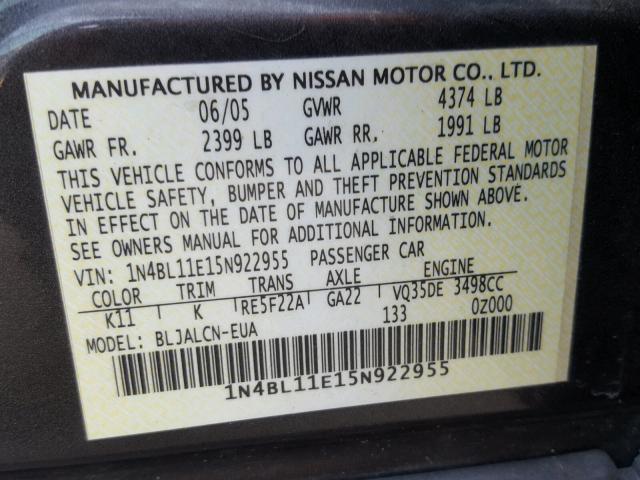 1N4BL11E15N922955 - 2005 NISSAN ALTIMA SE GRAY photo 9