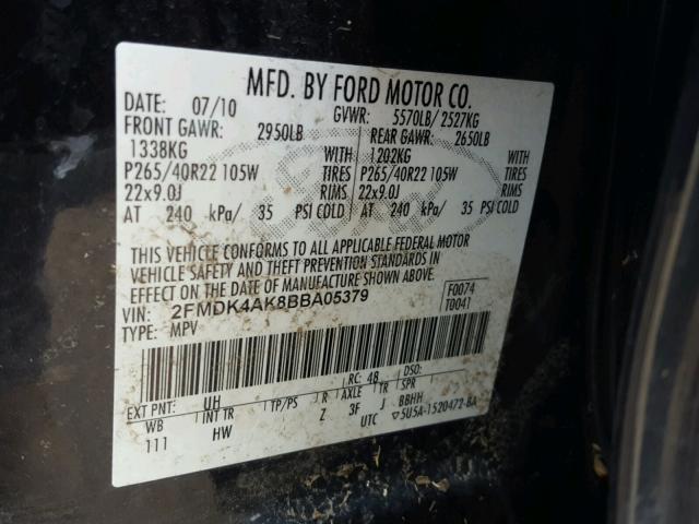 2FMDK4AK8BBA05379 - 2011 FORD EDGE SPORT BLACK photo 10