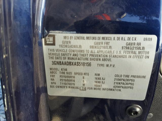 3GNBAADBXAS518156 - 2010 CHEVROLET HHR LS BLUE photo 10