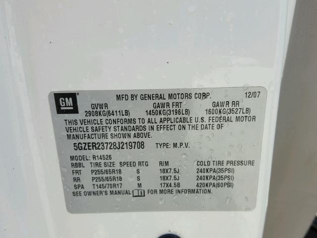 5GZER23728J219708 - 2008 SATURN OUTLOOK XR თეთრი ფოტო 10
