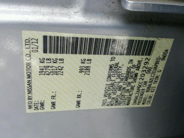 1N4AL2AP6CC203292 - 2012 NISSAN ALTIMA BAS SILVER photo 10