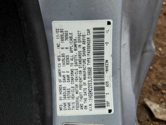 1HGEM22553L016648 - 2003 HONDA CIVIC LX SILVER photo 10