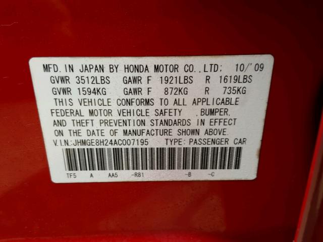 JHMGE8H24AC007195 - 2010 HONDA FIT RED photo 10