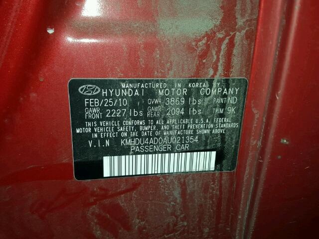 KMHDU4AD0AU021354 - 2010 HYUNDAI ELANTRA BL RED photo 10