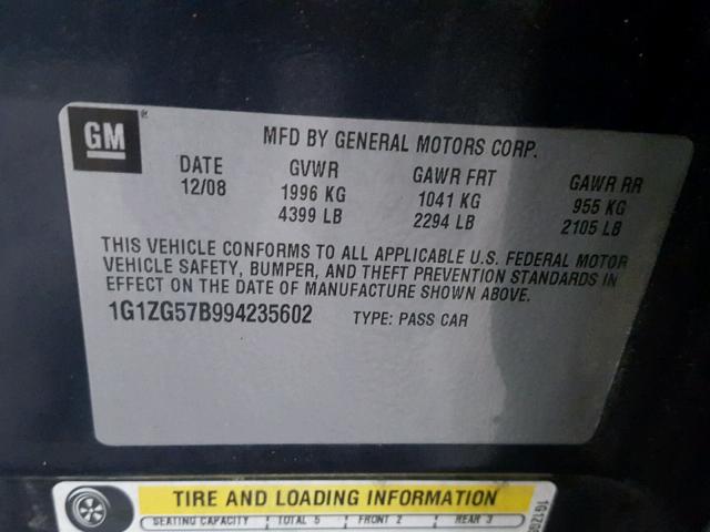 1G1ZG57B994235602 - 2009 CHEVROLET MALIBU LS BLUE photo 10