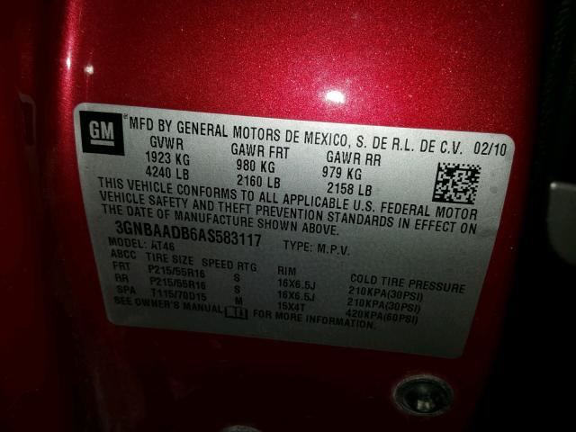 3GNBAADB6AS583117 - 2010 CHEVROLET HHR LS Rojo foto 10