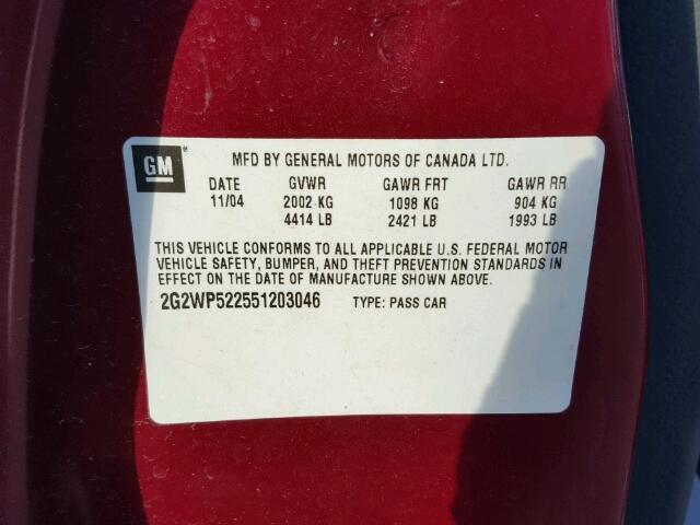 2G2WP522551203046 - 2005 PONTIAC GRAND PRIX MAROON photo 10