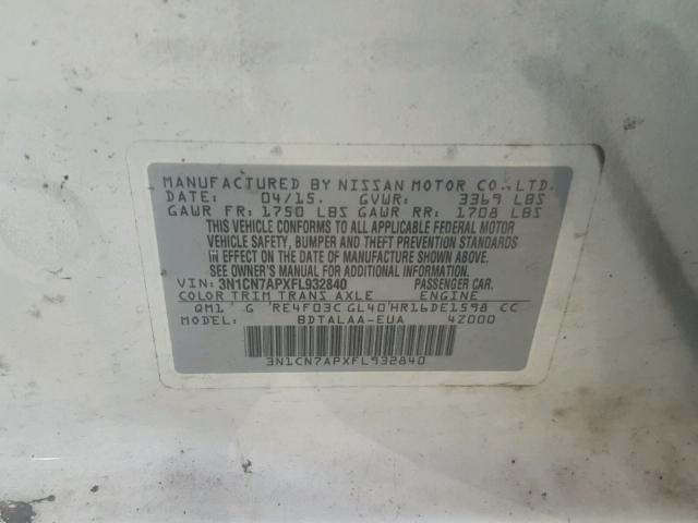 3N1CN7APXFL932840 - 2015 NISSAN VERSA S WHITE photo 10