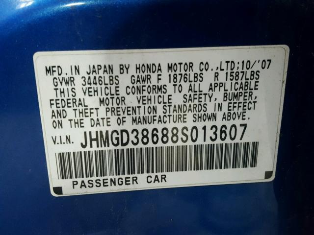 JHMGD38688S013607 - 2008 HONDA FIT SPORT BLUE photo 10