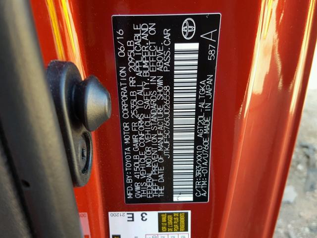 JTKJF5C76GJ026558 - 2016 TOYOTA SCION TC 红色 照片 10