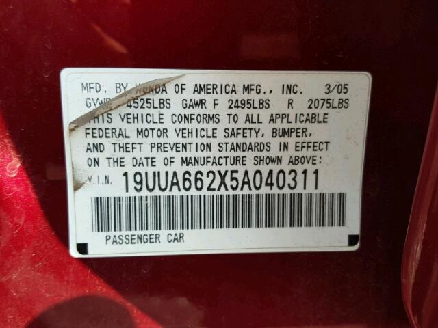 19UUA662X5A040311 - 2005 ACURA TL MAROON photo 10