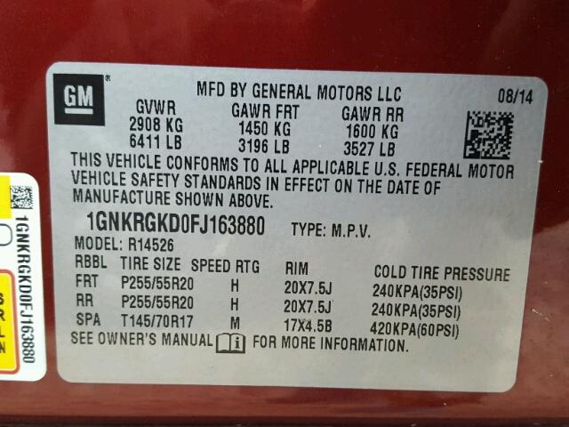 1GNKRGKD0FJ163880 - 2015 CHEVROLET TRAVERSE RED photo 10